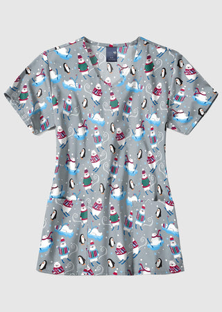 Zoe+Chloe Women's  Performance V-Neck Print Scrub Top in Tis The Skison