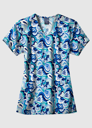 Zoe+Chloe Women's  Performance V-Neck Print Scrub Top in Wavy Paisley