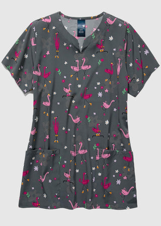 Zoe+Chloe Performance Women's Notch Neck Print Scrub Top In LET'S ROLL