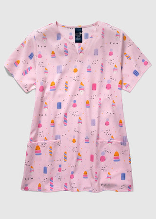 Zoe+Chloe Performance Women's Notch Neck Print Scrub Top In NICE CREAM