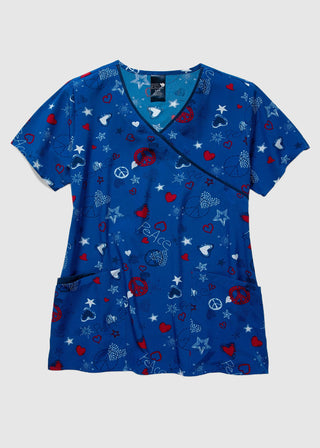 Zoe+Chloe Women's Contrast Mock Wrap Print Scrub Top in PEACE LOVE LIBERTY