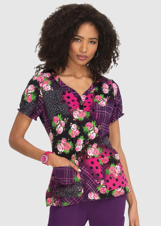 Koi Betsey Johnson Blossom Women's Playful Patchwork Stretch Print Scrub Top