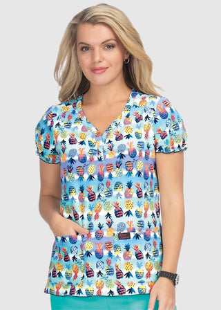 Koi Betsey Johnson Blossom Women's Pineapple Paradise Stretch Print Scrub Top
