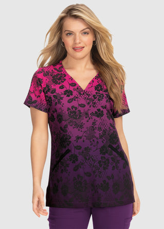 Koi Betsey Johnson Ursinia Women's Ethereal Beauty Stretch Heart-Shaped Neck Print Scrub Top