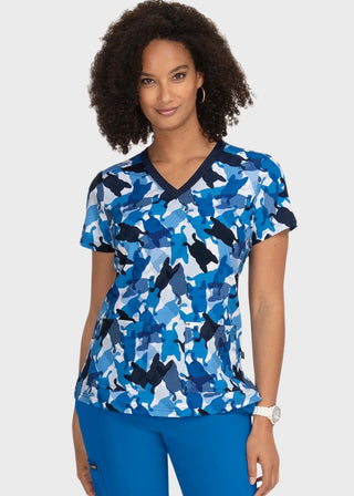 Koi French Bull by koi Lulu Women's Camo Frenchie Navy Print Scrub Top