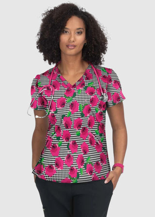Koi French Bull by koi Doll Women's Houndstooth Rose Stretch Print Scrub Top